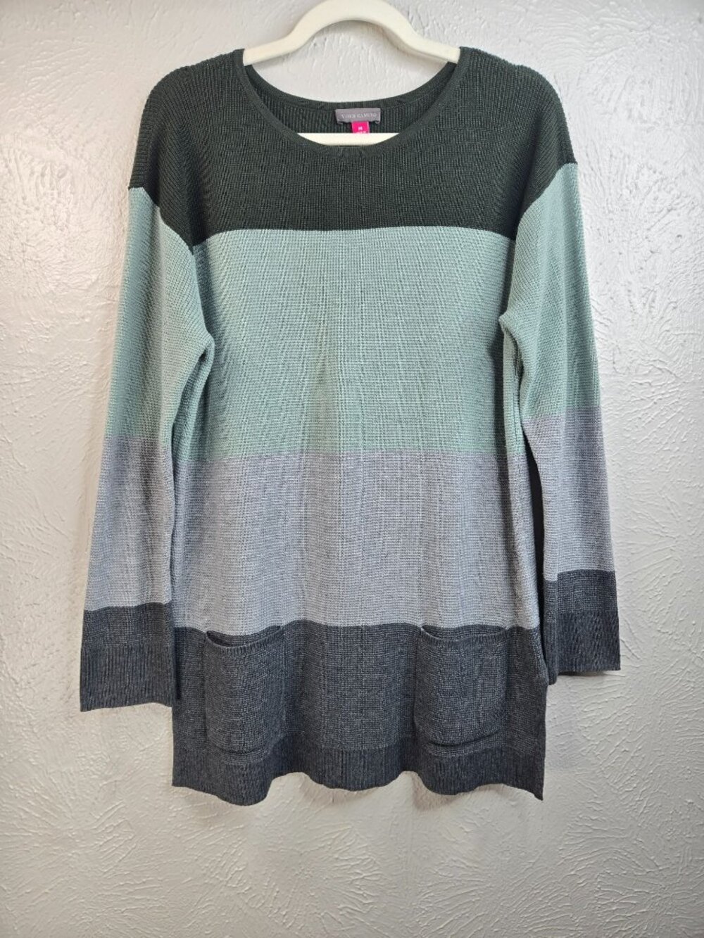 Colorblock Tunic Sweater Green Gray Kit Pullover Patch Pocket Relaxed Lagen Top
